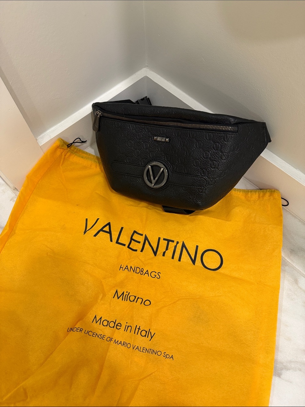 Mario Valentino Black Leather Monogram Belt Bag / Crossbody with Dust Bag